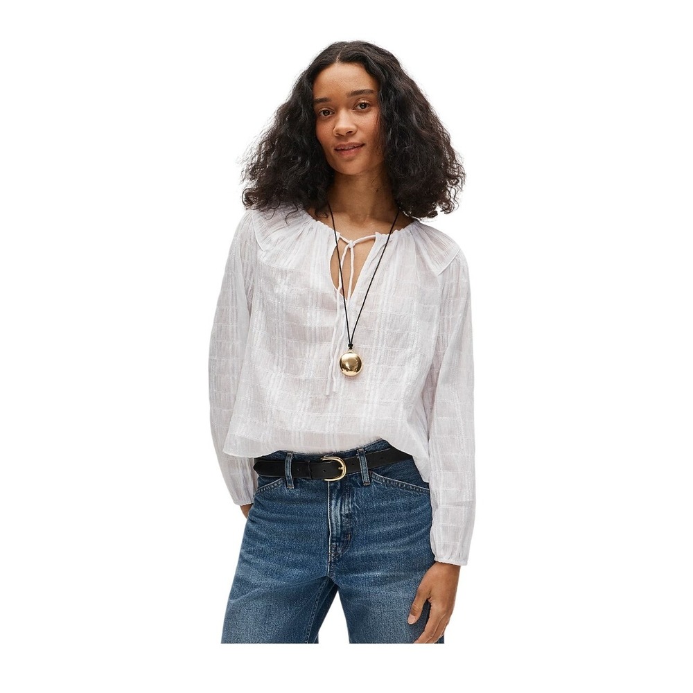 J. Crew Tie Front Popover Top White Seersucker Long Sleeve Pull Over S